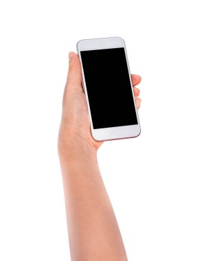Kadın eli boş ekran ile mobil akıllı telefon tutarak. Kırpma yolu ile beyaz arka plan üzerinde izole