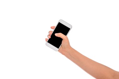 Kadın eli boş ekran ile mobil akıllı telefon tutarak. Kırpma yolu ile beyaz arka plan üzerinde izole