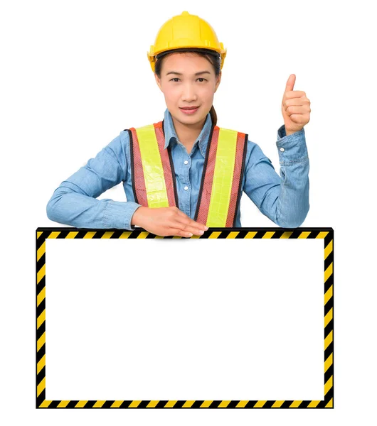 Female Worker Protection Equipment Posing Big White Banner Thumb Looking — Stock Photo, Image