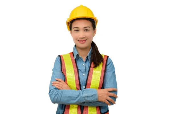Trabalhador Feminino Com Equipamento Proteção Isolado Fundo Branco — Fotografia de Stock