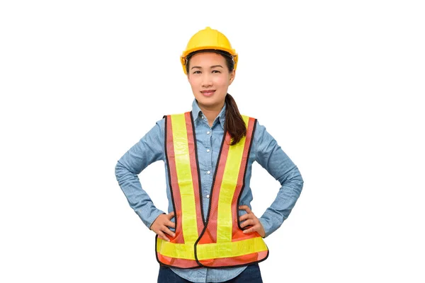 白い背景で隔離保護装置を女性労働者 — ストック写真