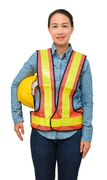 Trabajadora Con Equipo Protección Aislado Sobre Fondo Blanco —  Fotos de Stock