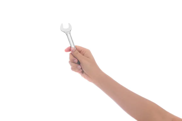 Γυναίκα Χέρι Κρατήστε Εργαλείο Κλειδί Στο Χέρι Που Απομονώνονται Λευκό — Φωτογραφία Αρχείου