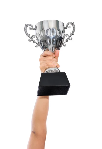 Vrouw Met Een Kampioen Zilveren Trofee Geïsoleerd Een Witte Achtergrond — Stockfoto