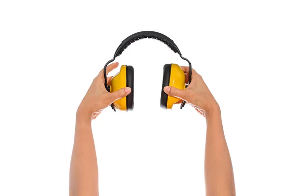 Two Hand Hold Protective Ear Muffs Isolated White Background Clipping — Stock Photo, Image