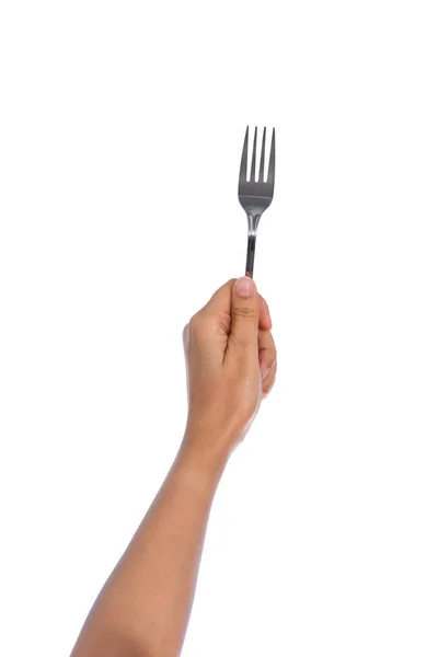 Woman Hand Holding Silver Fork Isolated White Background — Stock Photo, Image