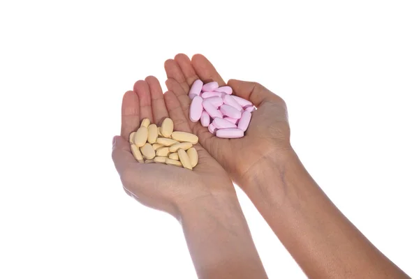Медицинские Таблетки Открытой Руке Изолированы Белом Фоне — стоковое фото
