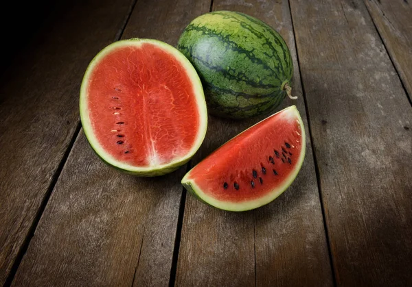 Fresh Sliced Half Watermelon Wooden Table — Stock Photo, Image