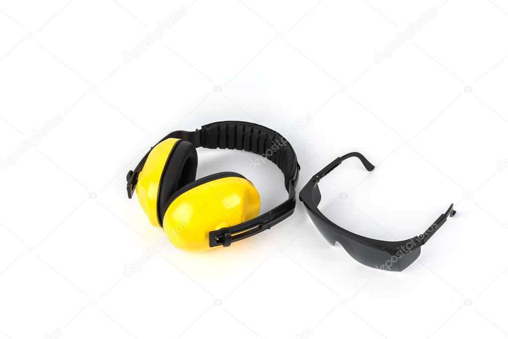 Protective ear muffs and Protective goggles Isolated on a white background