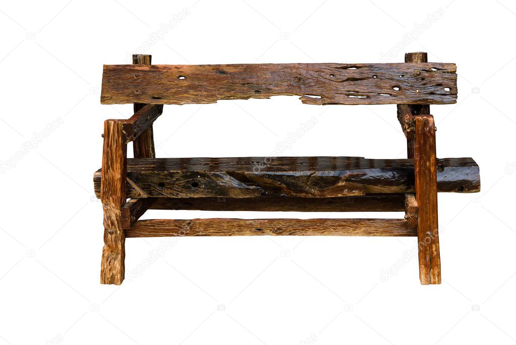Bench. Wooden. of rough planks and logs. rustic bench of ecological materials. isolated on white background with clipping path
