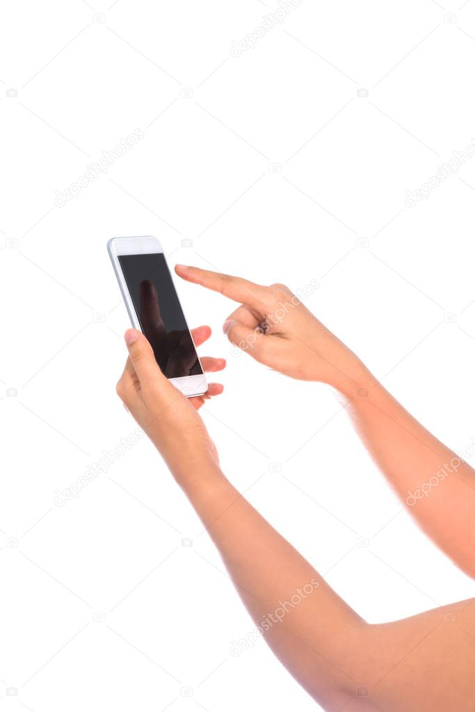 Woman Hand holding and Touch on Smartphone with blank screen isolated on white background
