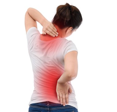 Omurga Osteoporoz. Skolyoz. Omurilik sorunları kadının sırtında. Beyaz arka plan üzerinde izole