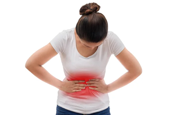 Young Casual Woman Having Stomach Ache Isolated White Background Clipping — Stock Photo, Image