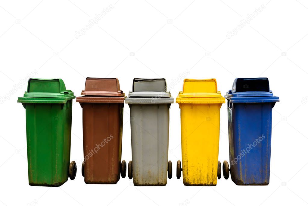 Old Colorful collection recycle bins isolated on white background, with clipping path