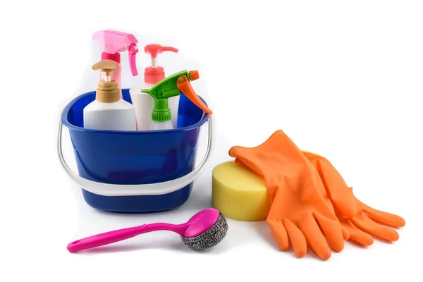 Full box of cleaning supplies and gloves isolated on white — Stock Photo, Image