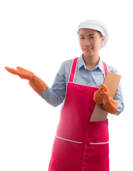 Žena v domácnosti prezentace, domácí úklid služby gesto ruky pro reklamu — Stock fotografie