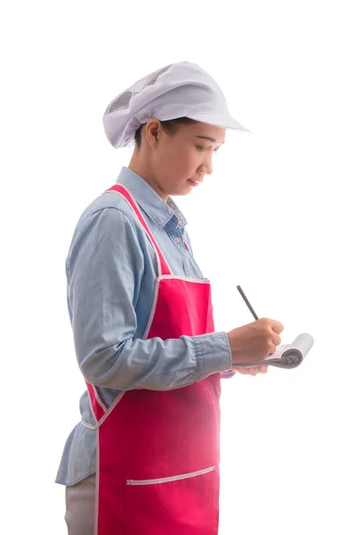 Jeune serveuse prenant l'ordre, isolée sur fond blanc — Photo