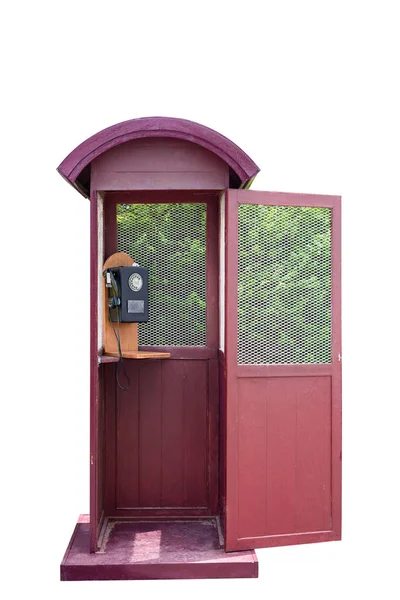 Cabina telefónica retro y teléfono viejo giratorio sobre fondo blanco — Foto de Stock