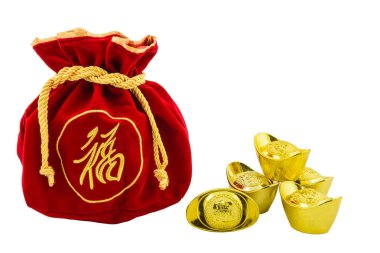 Çin altın külçeler ve kırmızı kumaş veya ipek çanta dekorasyon