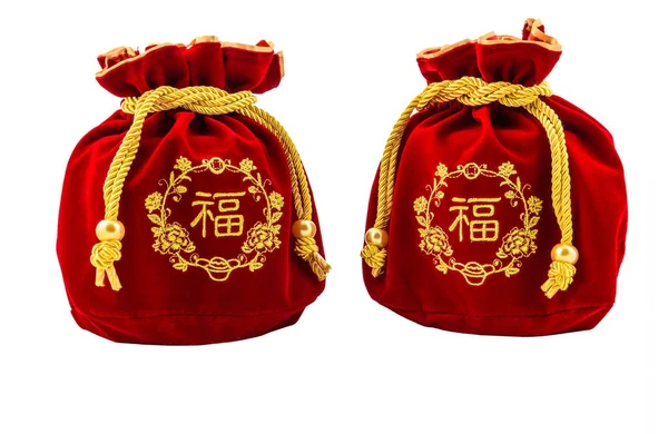 中国新年红色面料或丝绸袋, 和运气的小松 — 图库照片