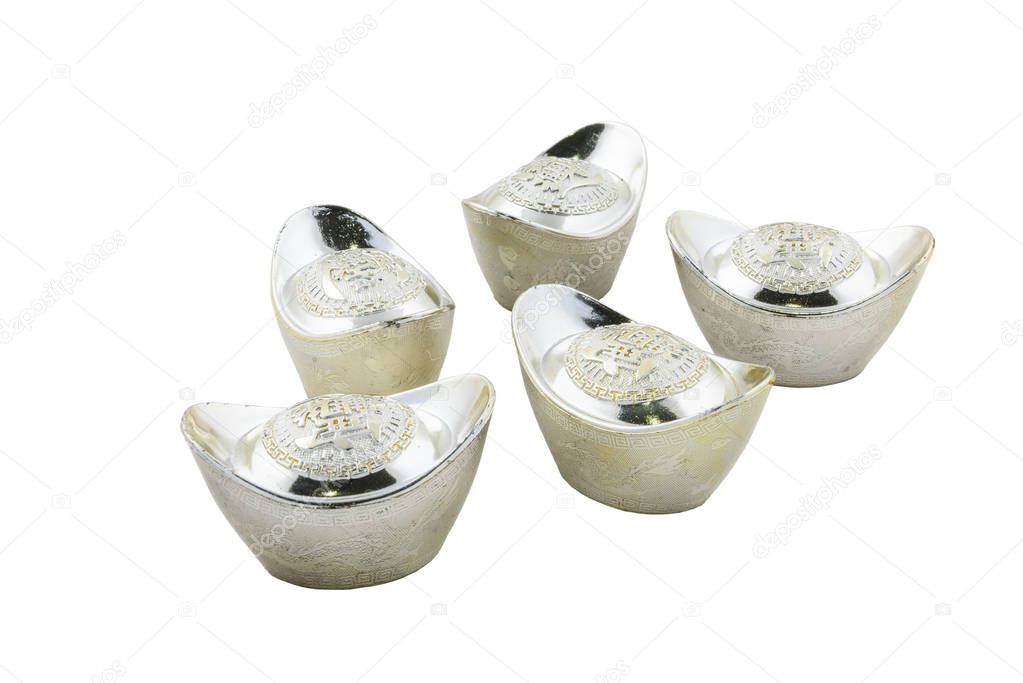 Decoration of chinese silver ingots isolated on white background