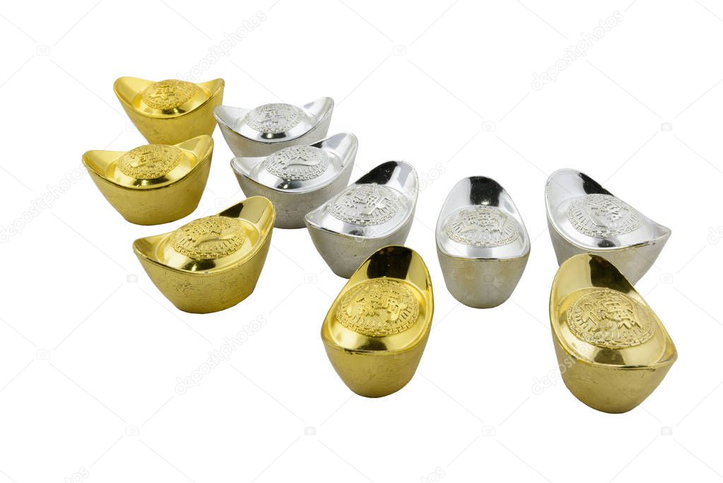 Decoration of chinese gold ingots isolated on white background