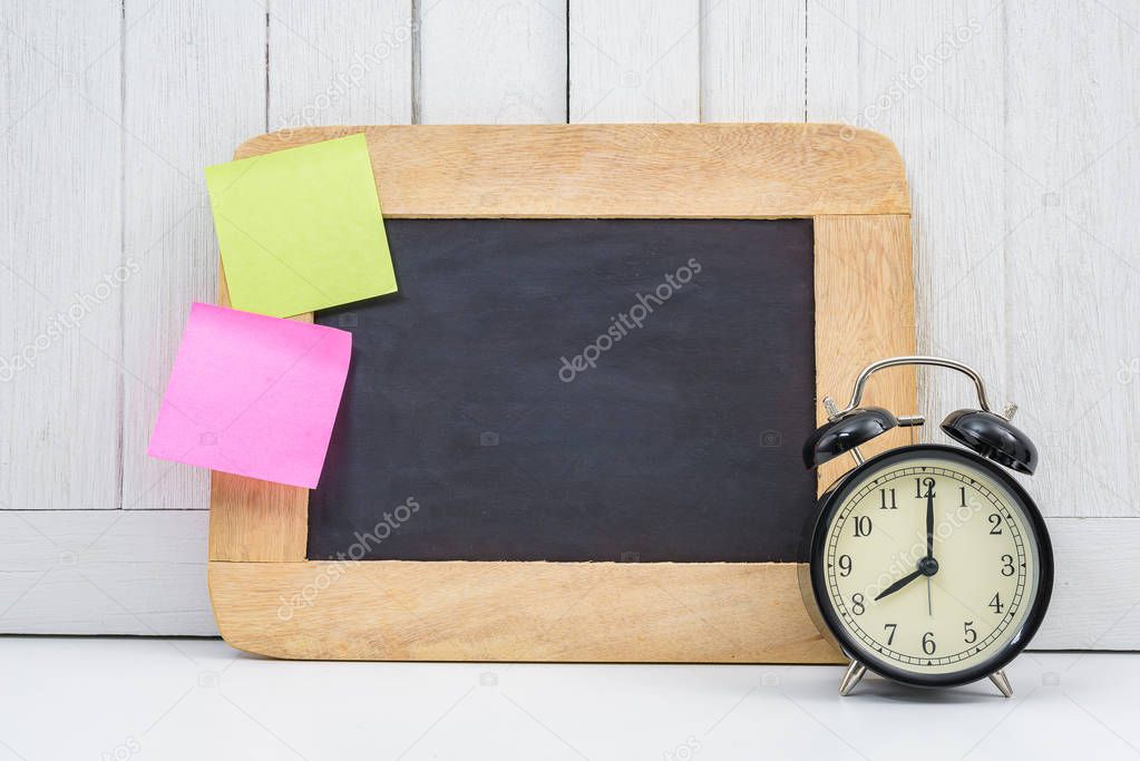 Chalkboard, Alarm clock and blank sticky note, post note or post