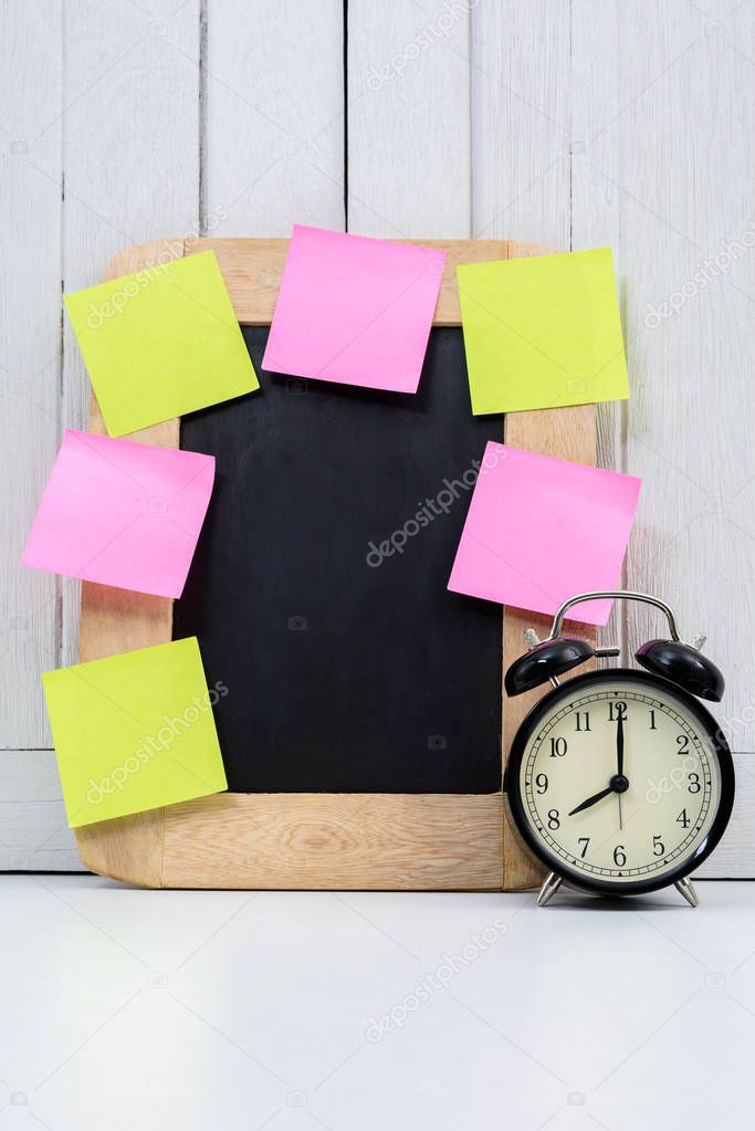 Chalkboard, Alarm clock and blank sticky note, post note or post