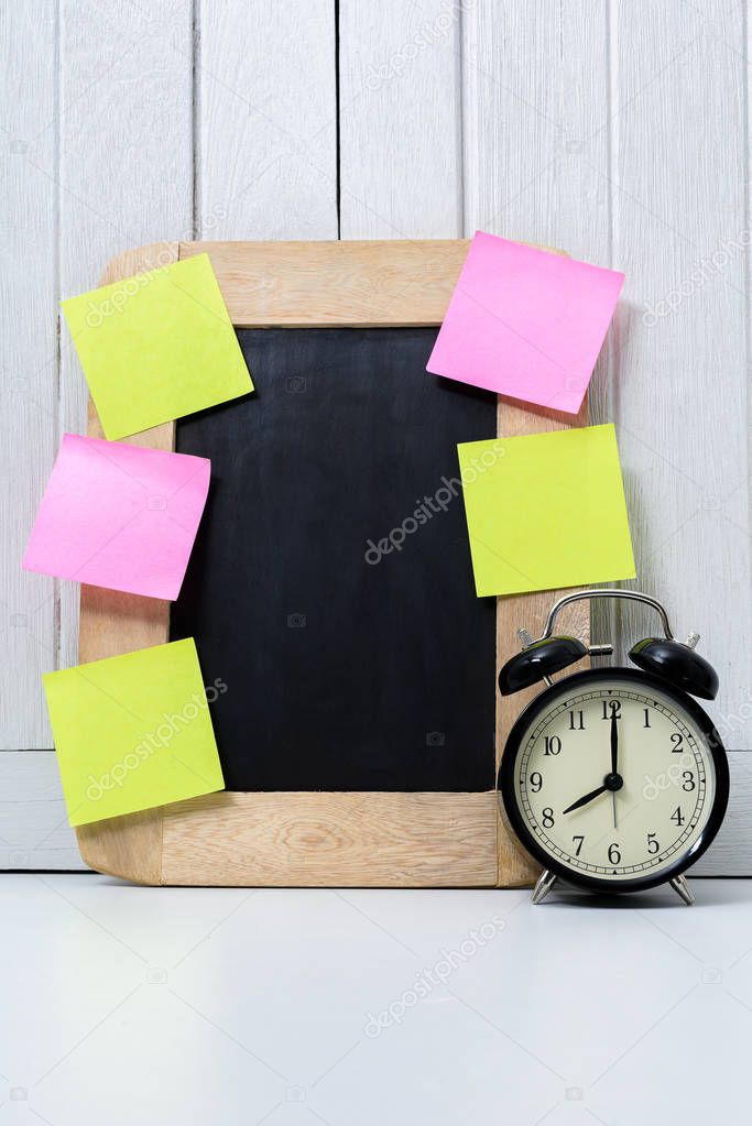 Chalkboard, Alarm clock and blank sticky note, post note or post