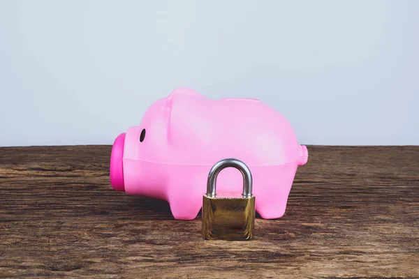 Una alcancía rosa y una cerradura. Ahorrar dinero Concepto y utilizado para finan — Foto de Stock