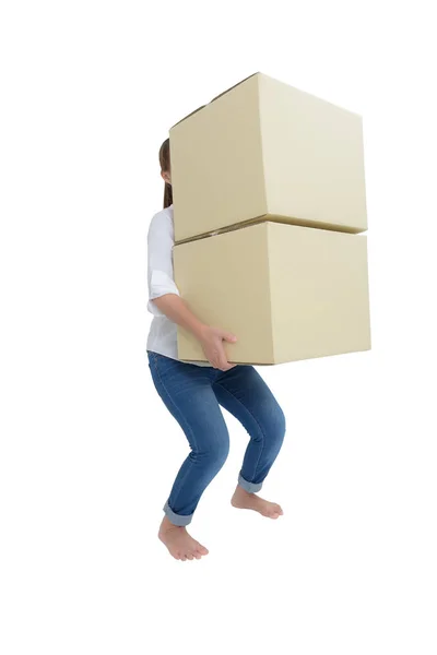 Mujer llevando y levantando cajas — Foto de Stock