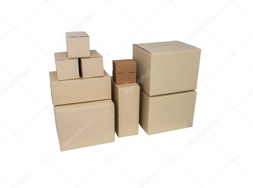 Cardboard Boxes in different sizes stacked boxes isolated on whi