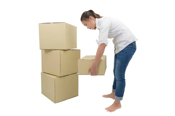 Woman carrying and lifting boxes — Stock Photo, Image