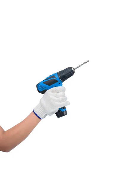 Woman worker hand Wear gloves holding electric drill isolated on — Stock Photo, Image