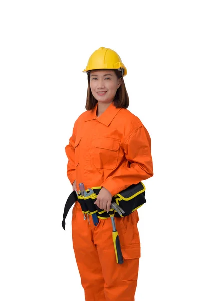 Trabalhadores da construção vestindo roupas Orange Protective, capacete w — Fotografia de Stock