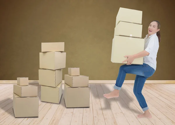 woman carrying and lifting boxes