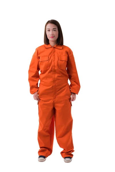 Volledige lichaam portret van een vrouw werknemer in mechanische jumpsuit isolat — Stockfoto
