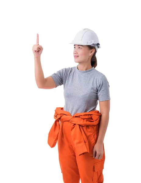 Portræt af en kvindelig arbejdstager i Mechanic Jumpsuit isoleret på whit - Stock-foto