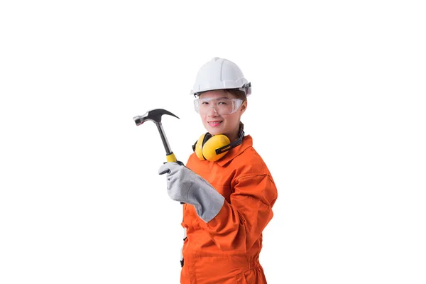Portrait of a woman worker in Mechanic Jumpsuit is holding hamme — Stock Photo, Image