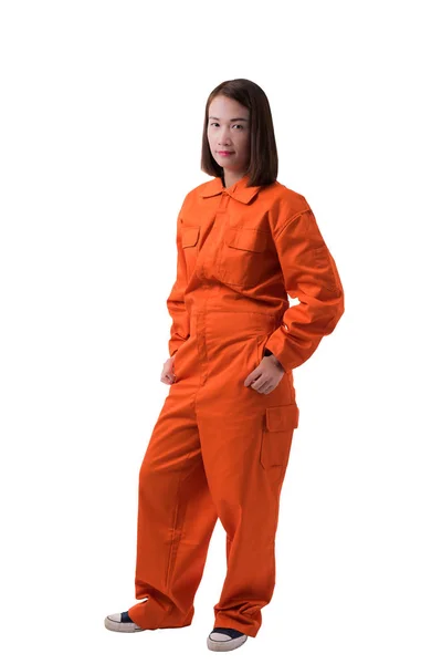 Volledige lichaam portret van een vrouw werknemer in mechanische jumpsuit isolat — Stockfoto