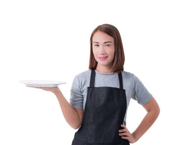 Garçonete, mulher de parto ou servente em camisa cinza e avental — Fotografia de Stock