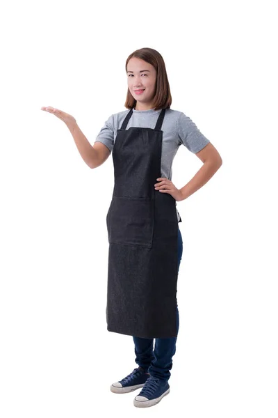 Garçonete, mulher de parto ou servente em camisa cinza e avental — Fotografia de Stock