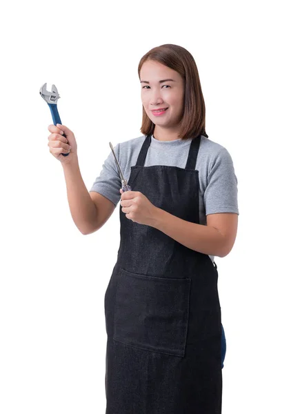 Retrato de corpo inteiro de uma mulher trabalhadora ou servente em Gray shi — Fotografia de Stock