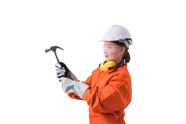 Mekanik Jumpsuit bir kadın işçi portresi hamme tutuyor — Stok fotoğraf