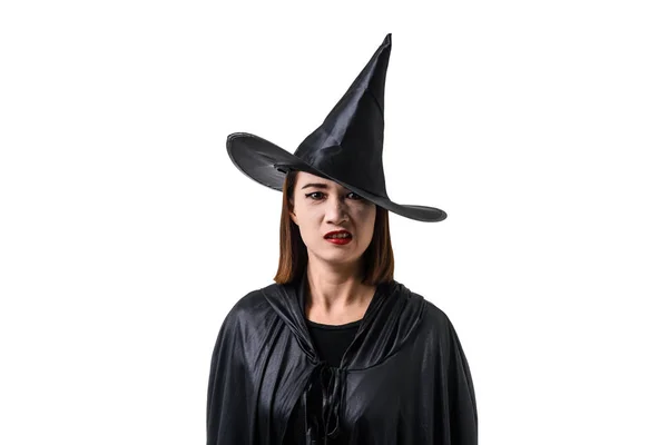 Portré nő fekete ijesztő boszorkány Halloween jelmez standin — Stock Fotó