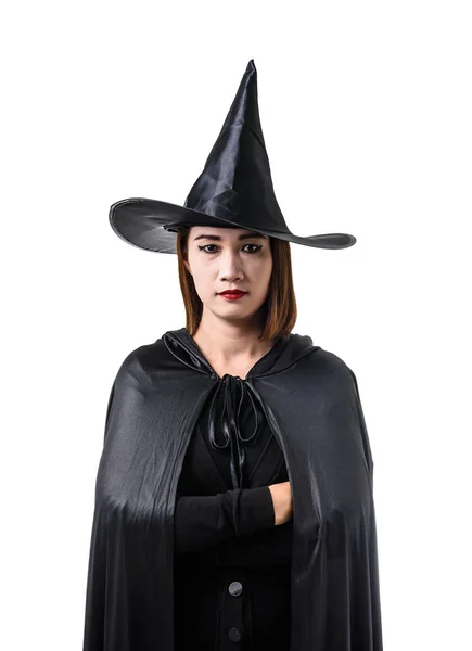 Porträtt av kvinna i svart skrämmande häxa Halloween kostym Standin — Stockfoto