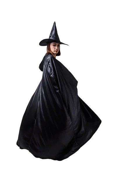 Portré nő fekete ijesztő boszorkány Halloween jelmez standin — Stock Fotó