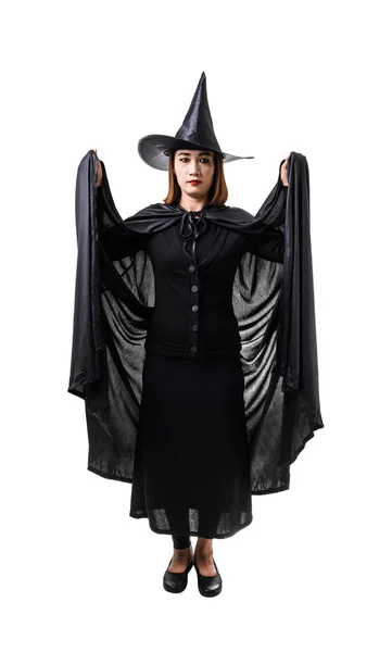 Siyah Korkunç cadı cadılar bayramı kostüm standin kadın portresi — Stok fotoğraf