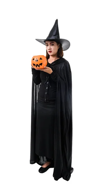 Portré nő fekete ijesztő boszorkány Halloween jelmez standin — Stock Fotó