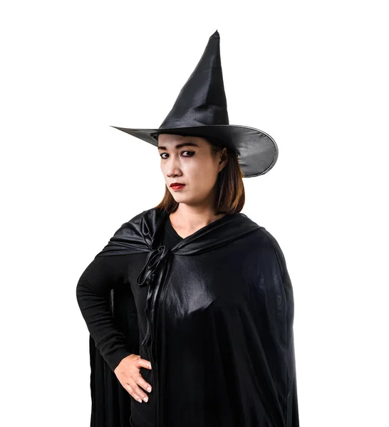 Retrato de mulher em preto assustador bruxa halloween traje standin — Fotografia de Stock